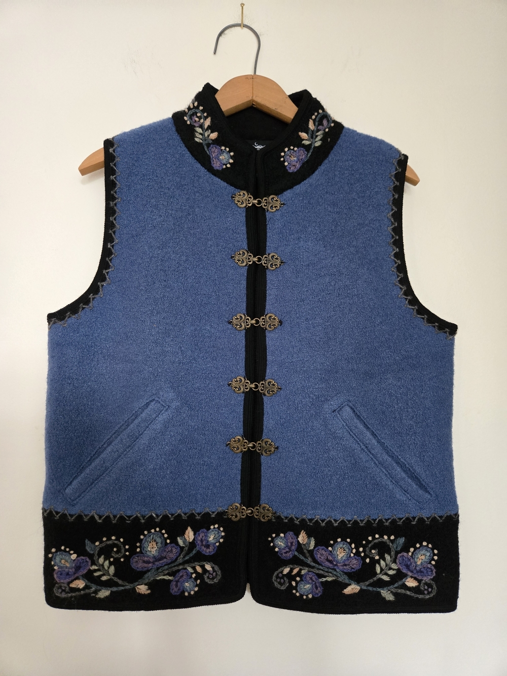 Blue Embroidered Women’s Vest with Decorative Frog Closures